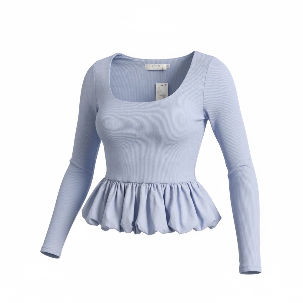Astr Light Blue Ruffle Hem Blouse